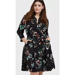 Torrid Women's 4X Black Floral Mini Shirt Dress Button Front Long Sleeve Pockets